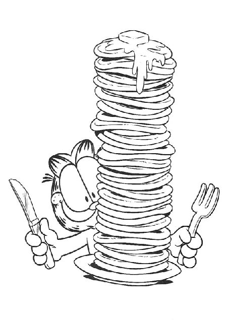 Desenho do Garfield prestes a devorar uma pilha gigante de panquecas com manteiga, perfeito para colorir e se divertir.