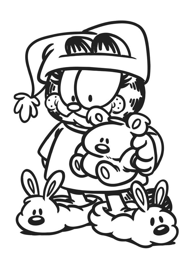 Desenho do Garfield de pijama segurando um ursinho de pelúcia para imprimir e colorir.