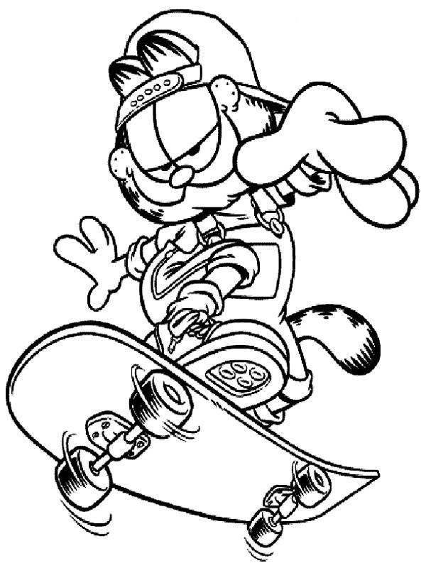 Desenho do Garfield skatista, com boné e macacão, pronto para manobras incríveis! Imprima e dê vida a essa cena cheia de ação.
