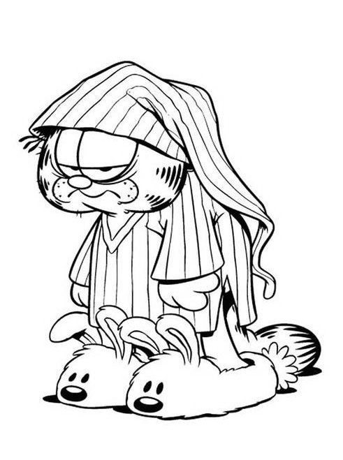 Desenho do Garfield com pijama listrado, touca de dormir e pantufas de coelho para imprimir e colorir.
