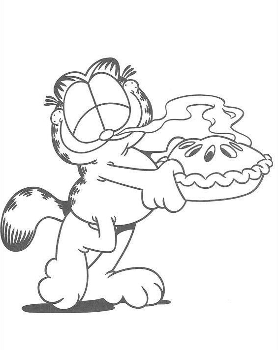 Desenho do Garfield segurando uma torta apetitosa para imprimir e colorir.