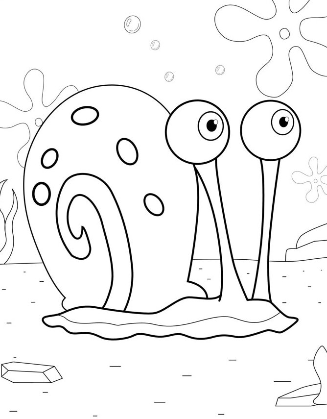 Desenho do Gary, o caracol de estimação do Bob Esponja, em um fundo marinho com bolhas, plantas e rochas para colorir.