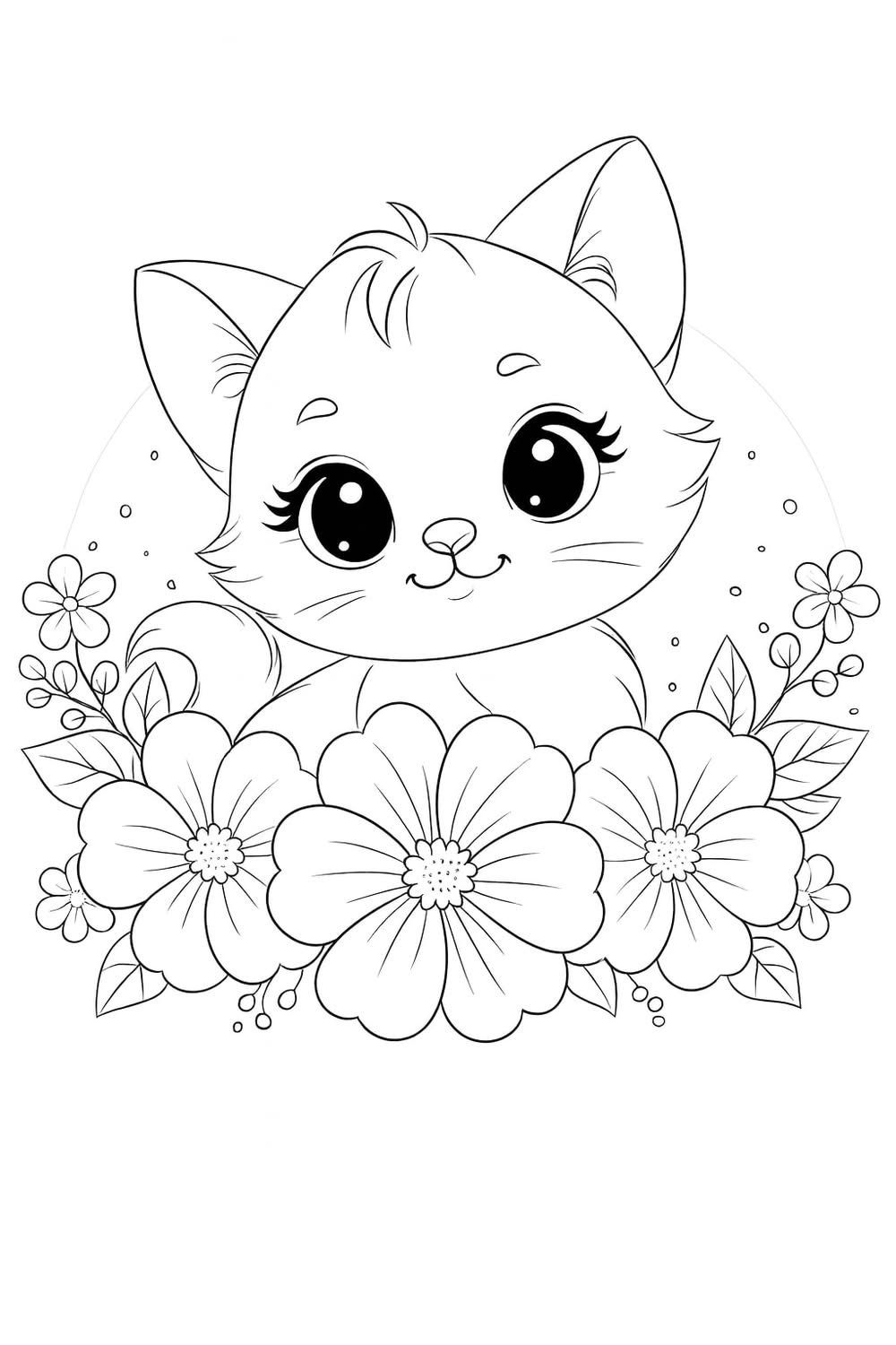 Desenho de gatinha fofa com flores para imprimir e colorir.
