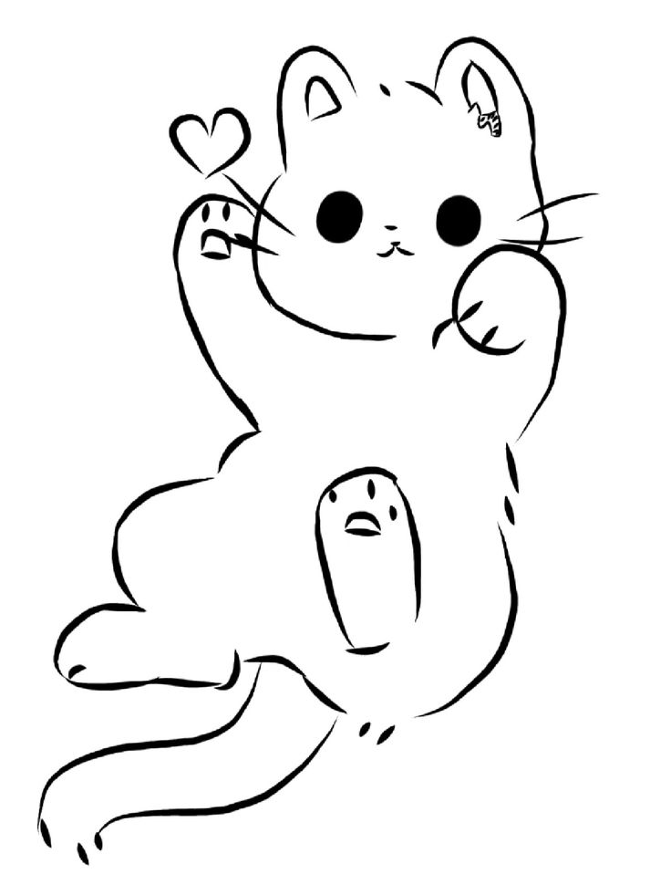 Desenho de um gatinho fofo com grandes olhos, bigodes e um pequeno coração acima da pata, ideal para colorir e expressar sentimentos de amor.