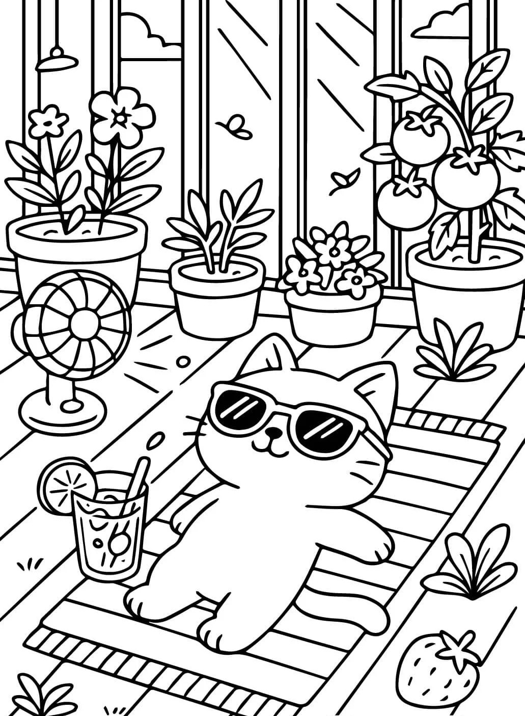 Desenho de um gatinho relaxando em uma praia imaginária com plantas, bebida e ventilador, perfeito para colorir e relaxar.