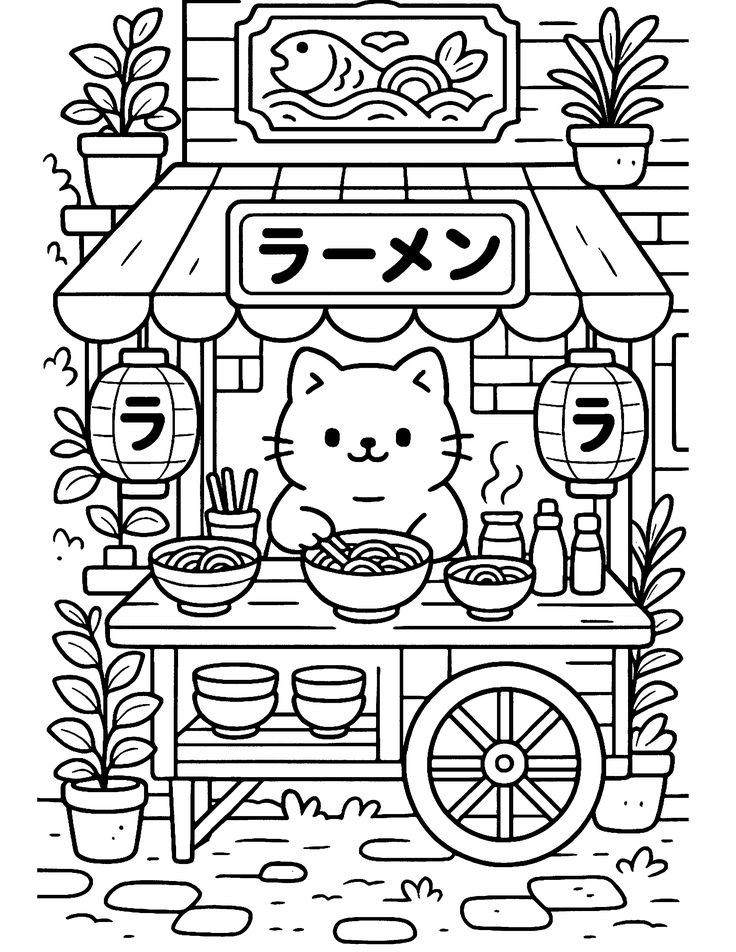 Desenho de um gatinho preparando ramen em uma barraca charmosa, perfeito para colorir e explorar a culinária japonesa.