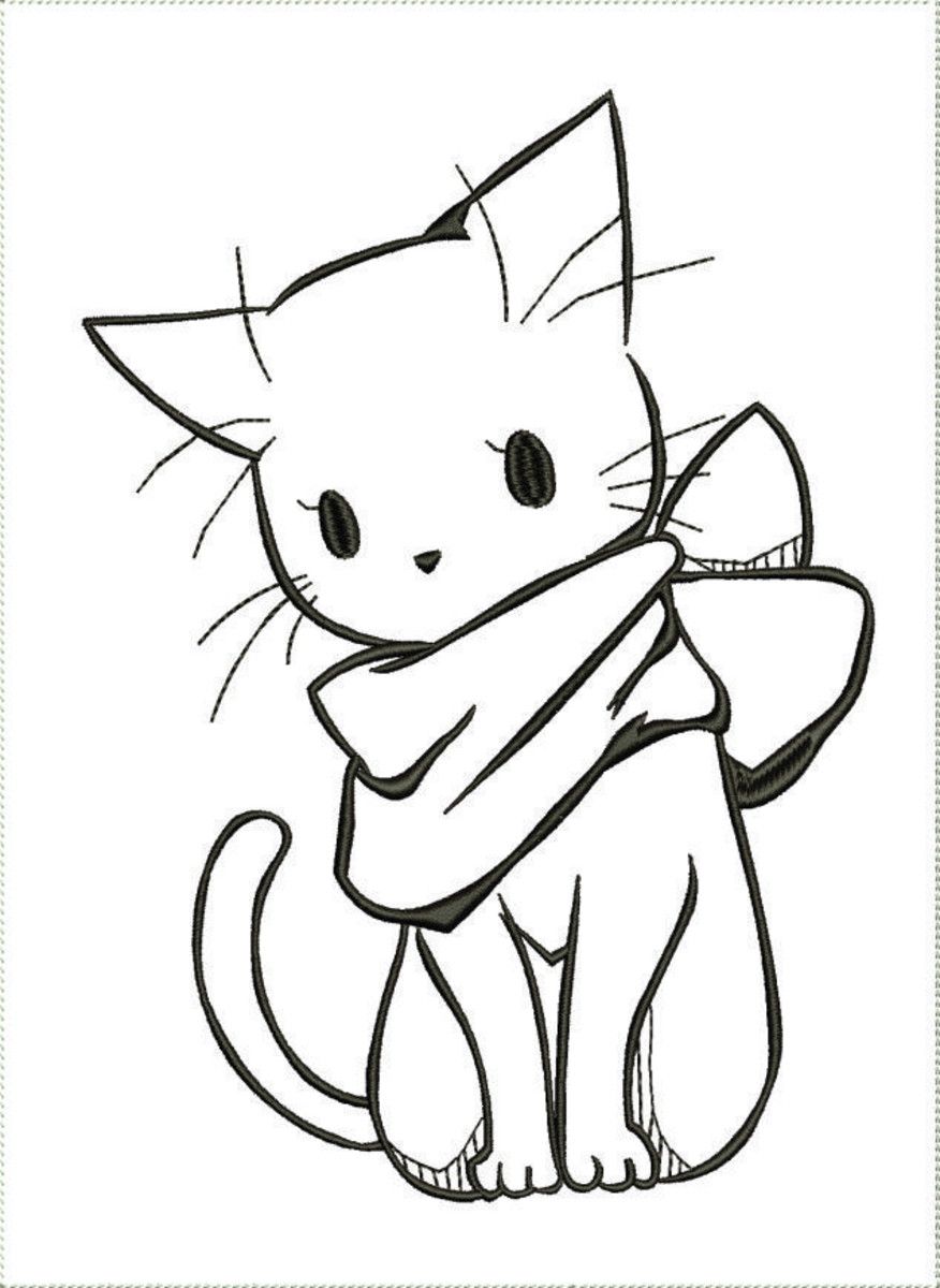 Ilustração de um gato em estilo cartoon com olhos redondos e um charmoso lenço, ideal para colorir e soltar a imaginação.