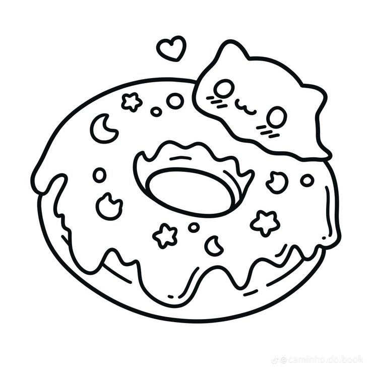 Desenho kawaii de um gato em um donut com cobertura, granulado de estrelas, luas e coração flutuante para imprimir e colorir.