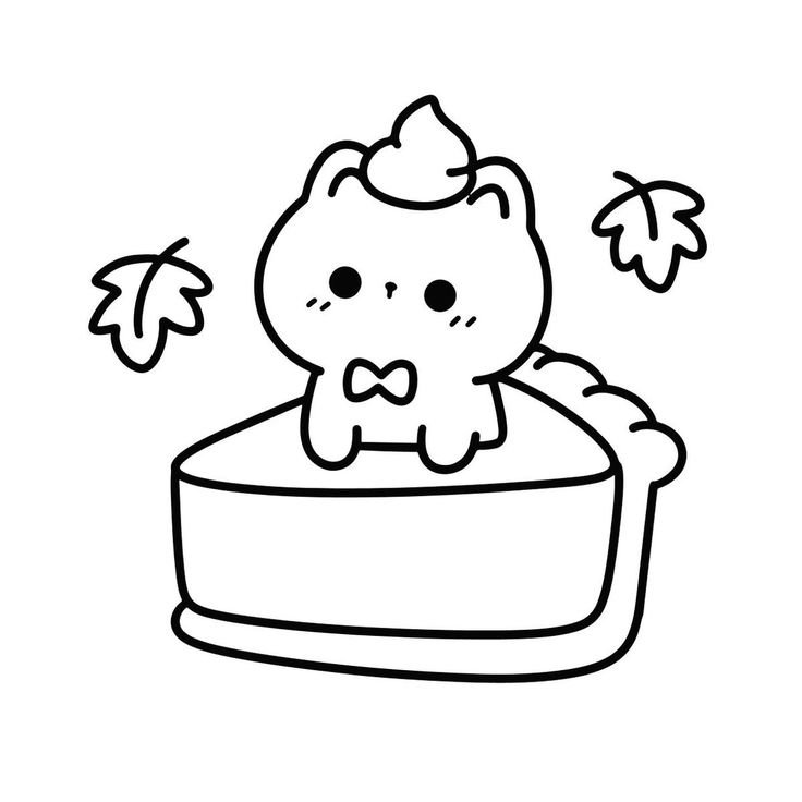 Desenho de um gato fofo sentado em uma fatia de torta com chantilly e folhas de outono para imprimir e colorir.