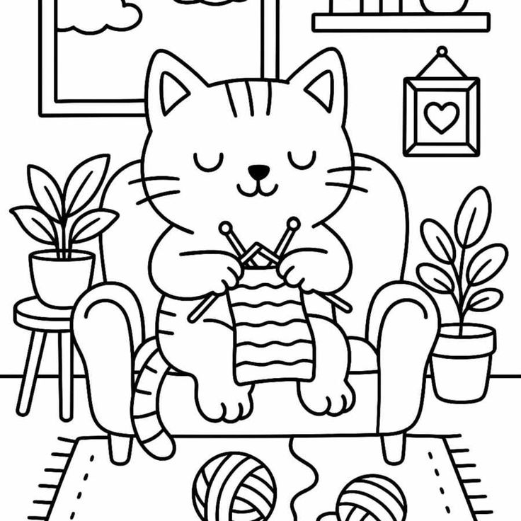 Desenho de um gato tricotando em uma poltrona, com bolas de lã e um ambiente acolhedor, perfeito para colorir e relaxar.