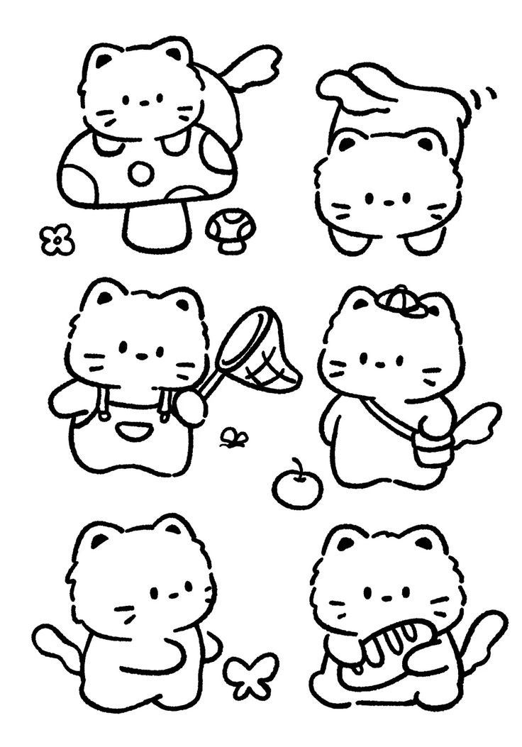 Desenhos de gatos kawaii em diferentes situações: no cogumelo, com chapéu de chef e caçando borboletas para colorir.