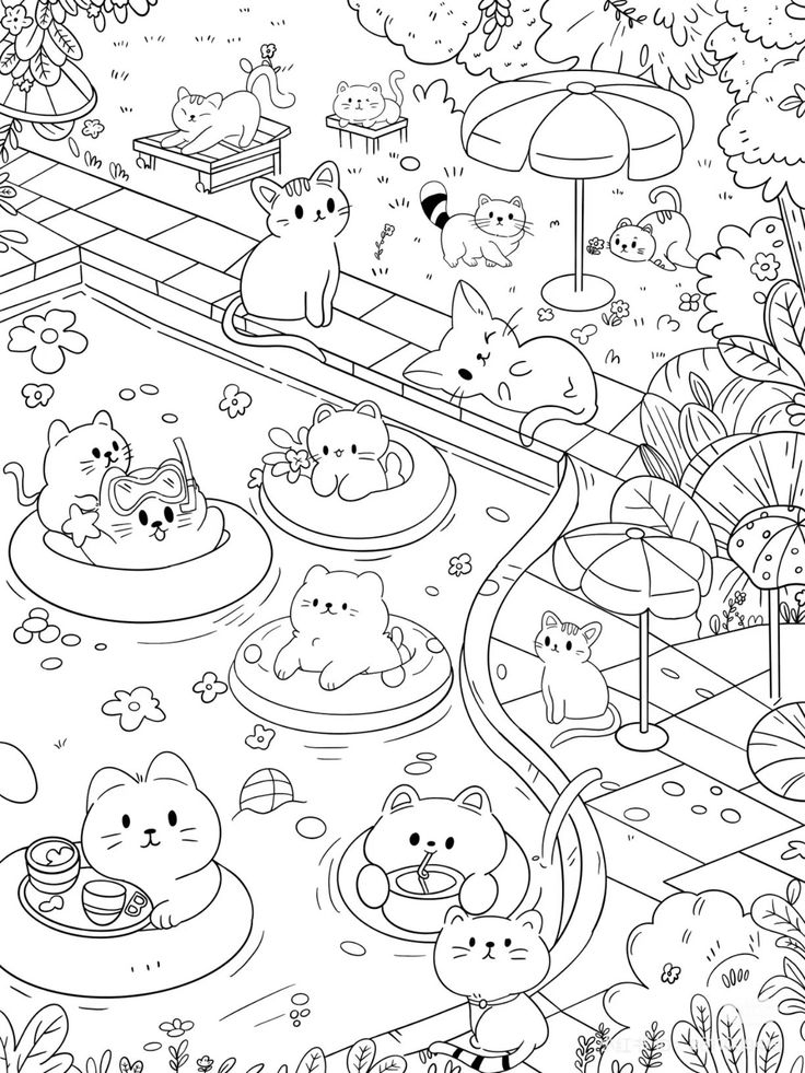 Desenho de uma festa de gatos na piscina com boias, espreguiçadeiras e muita diversão para imprimir e colorir.