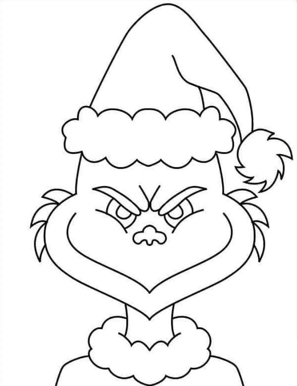 Desenho do Grinch com expressão ranzinza e chapéu de Papai Noel para imprimir e colorir.