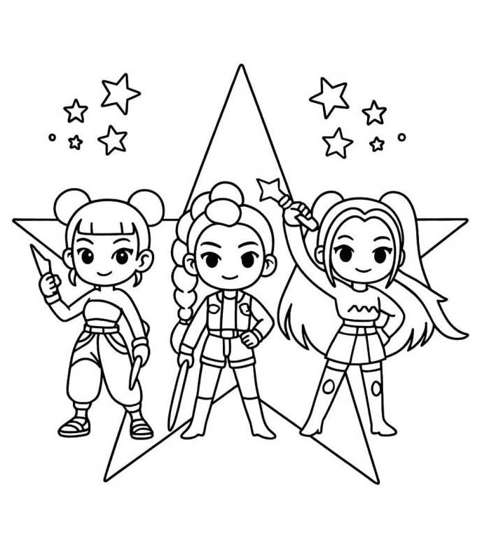 Desenho das Guerreiras K-pop da Era Estelar com poderes cósmicos, armaduras futuristas e atitude heroica, prontas para colorir e imprimir.