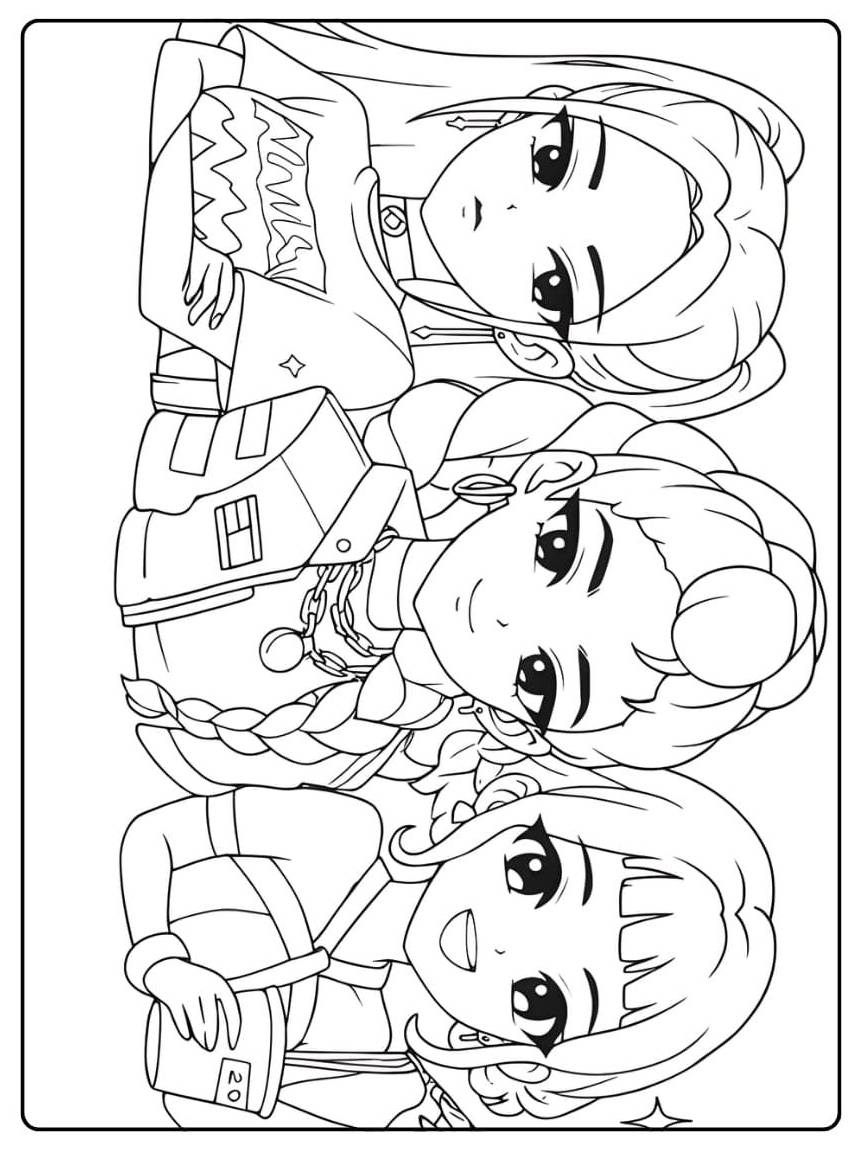 Desenho de três Guerreiras K-pop em estilo de arte para colorir, com design moderno e temática de guerreiras, prontas para imprimir e colorir.