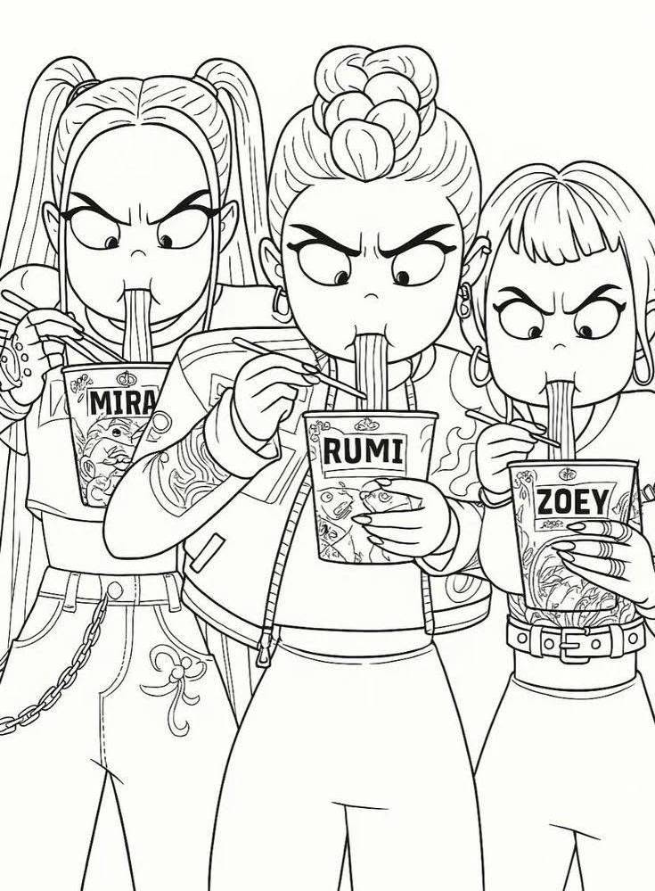 Desenho das Guerreiras do K-pop Míra, Rumi e Zoey prontas para a ação com suas canecas de rizan para imprimir e colorir.