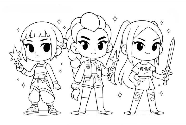 Desenho das Guerreiras K-pop com poderes heroicos, estilo futurista e atitude vibrante, prontas para colorir e imprimir.