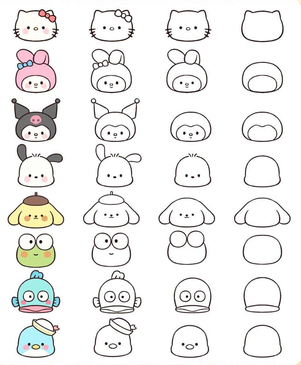Guia de desenho passo a passo com um gato de laço, coelho de capuz, cachorro de boina e outros bichinhos kawaii.