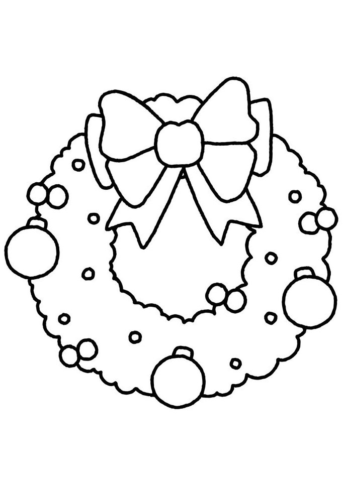Desenho de guirlanda natalina com laço grande, bolas e enfeites para imprimir e colorir.