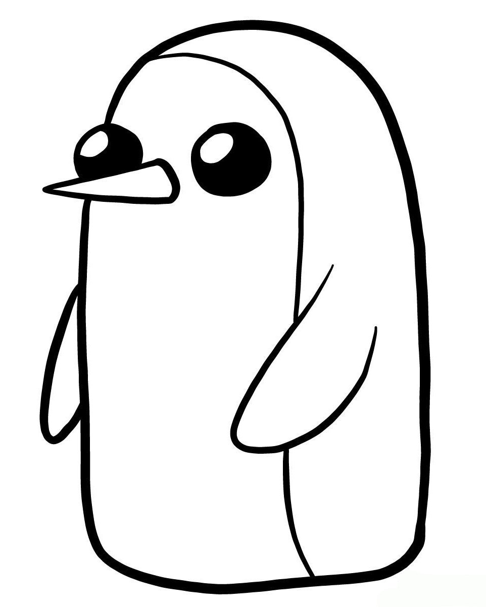 Desenho do Gunter, o pinguim de Hora de Aventura, com olhos grandes e bico triangular para imprimir e colorir.
