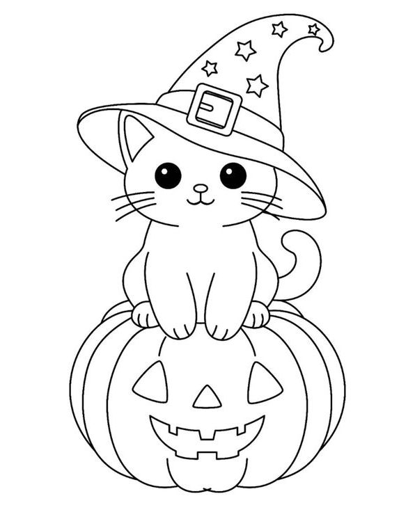 Desenho de Halloween com um gato de desenho animado usando um chapéu de bruxo, sentado em cima de uma abóbora esculpida.