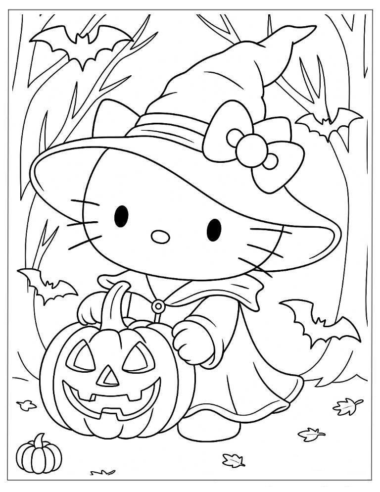 Desenho de Halloween da Hello Kitty vestida de bruxa com chapéu, capa e abóbora, morcegos e árvores esqueléticas.