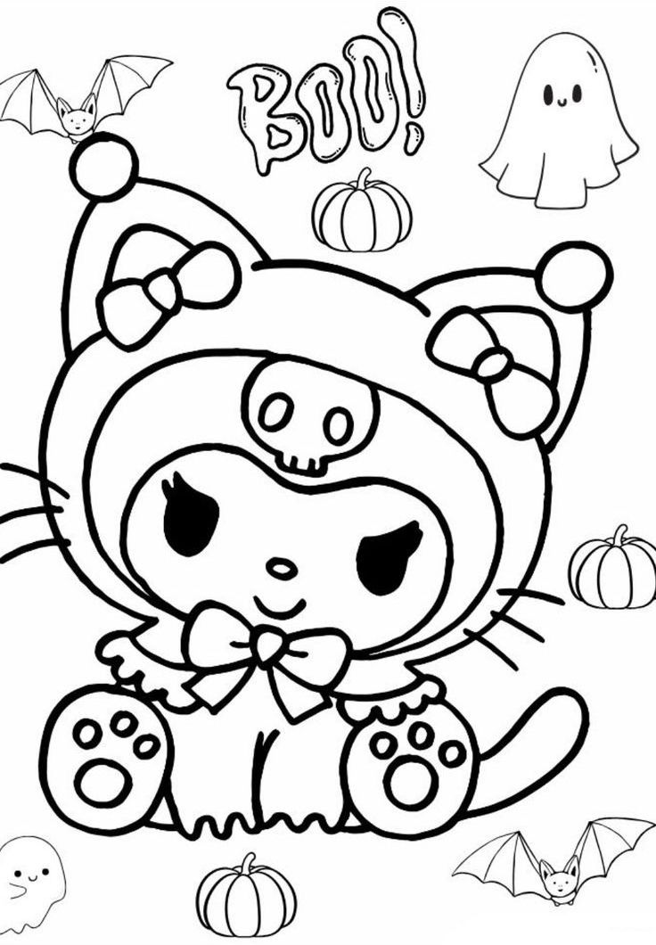 Desenho de Halloween da Kuromi fantasiada de gato, sentada com abóboras, fantasmas, morcegos e a palavra 'BOO!'.