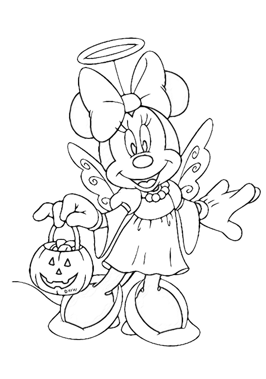 Desenho da Minnie Mouse fantasiada de anjo para o Halloween, segurando um balde de abóbora cheio de doces.