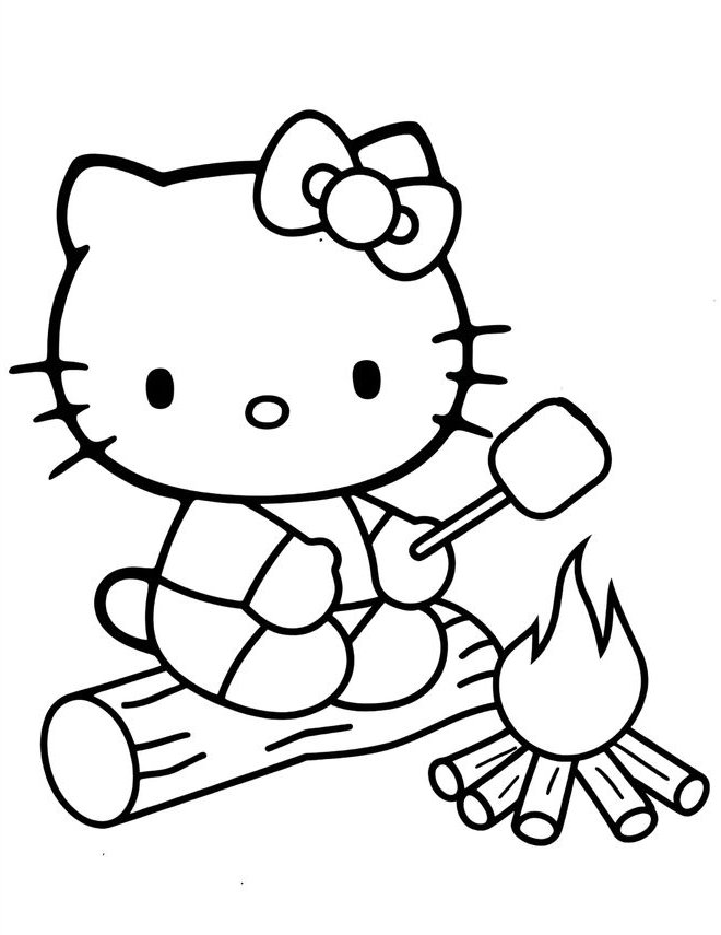 Desenho da Hello Kitty sentada perto de uma fogueira, segurando um marshmallow no palito, pronta para ser impresso e colorido.