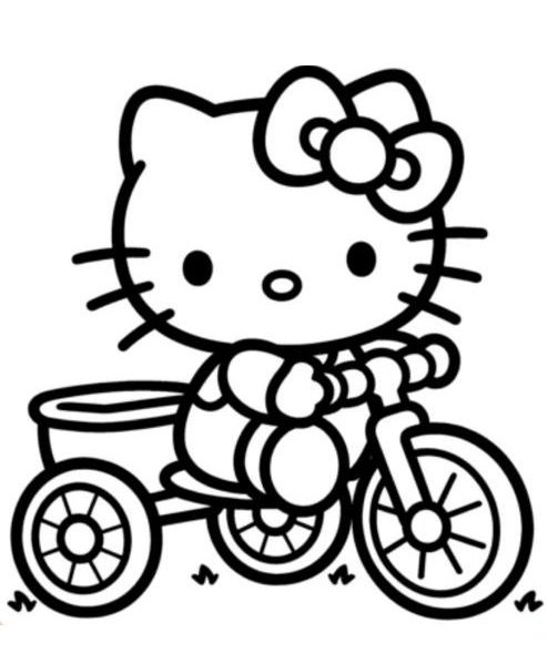 Hello Kitty com seu laço pedalando um triciclo com cesto em um dia ensolarado, pronta para ser colorida!