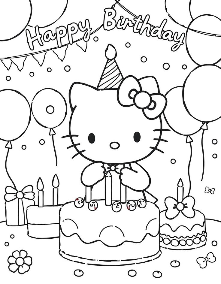 Desenho da Hello Kitty com chapéu de festa segurando um bolo de aniversário com velas, cercada por balões, presentes e confetes para imprimir e colorir.