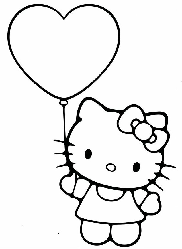 Desenho da Hello Kitty segurando um balão de coração para imprimir e colorir, ideal para o dia dos namorados.