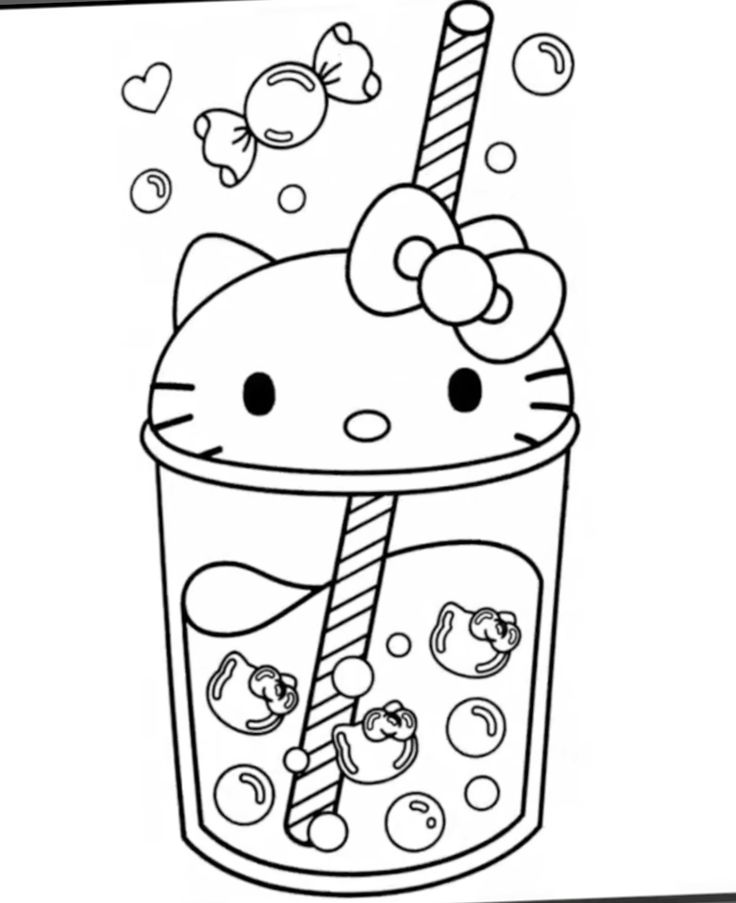 Desenho da Hello Kitty bebendo um drink kawaii com canudo listrado e bolhas flutuantes para imprimir e colorir.