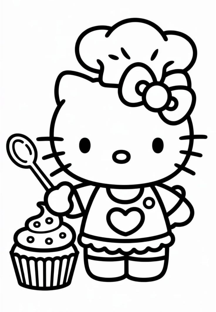 Hello Kitty com chapéu e avental de chef segurando cupcake para imprimir e colorir.