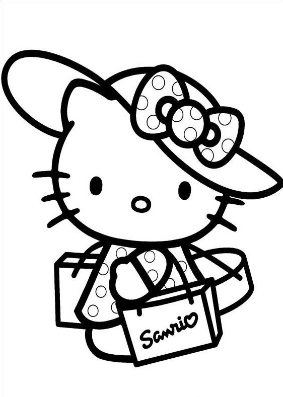 Desenho da Hello Kitty fazendo compras com sacolas da Sanrio para imprimir e colorir.