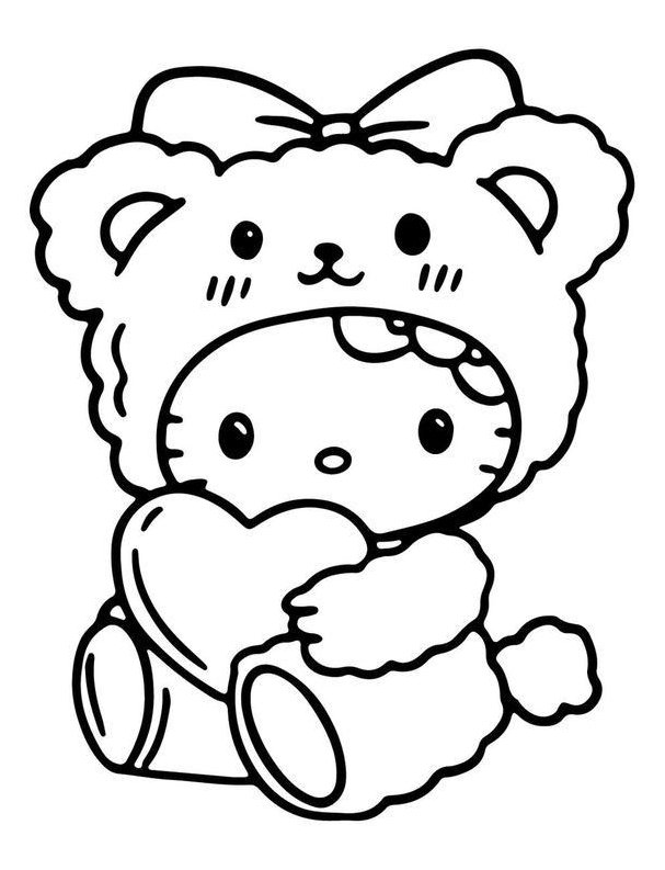 Desenho da Hello Kitty vestida com fantasia de urso, segurando um coração, para imprimir e colorir.