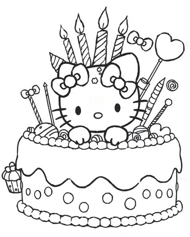 Desenho da Hello Kitty dentro de um bolo de aniversário de dois andares decorado com velas e doces para imprimir.