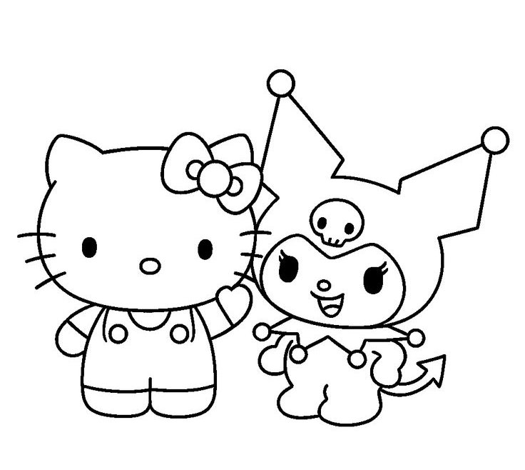Desenho da Hello Kitty e Kuromi, as amigas da Sanrio, prontas para colorir e se divertir!