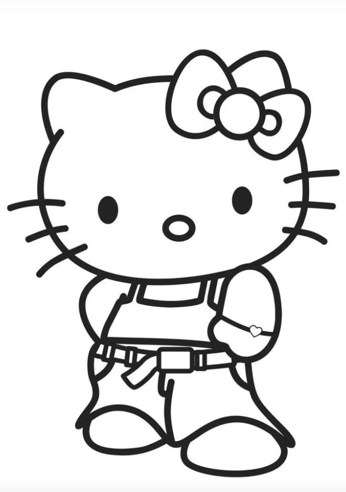 Hello Kitty vestindo macacão para colorir. Imprima este desenho kawaii da Hello Kitty e divirta-se!
