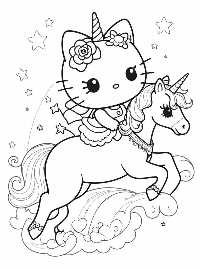 Desenho da Hello Kitty com chifre de unicórnio, montada em um unicórnio em galope, com estrelas e nuvens de coração para imprimir e colorir.