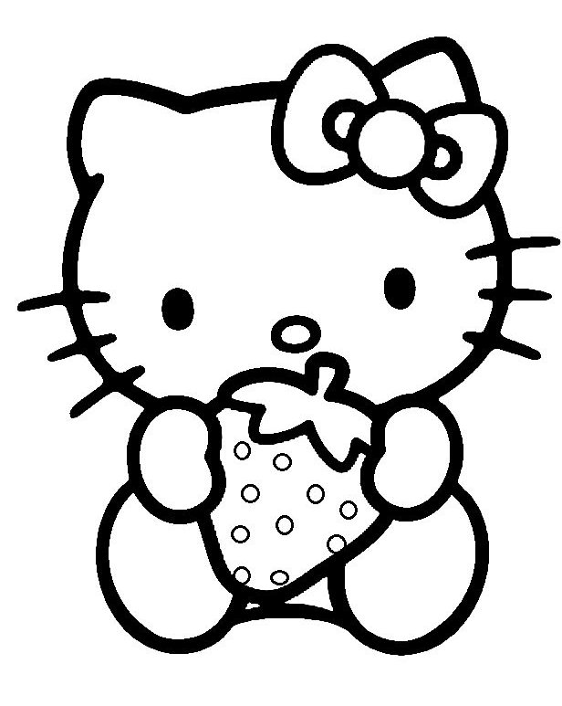 Desenho da Hello Kitty segurando um morango para imprimir e colorir.
