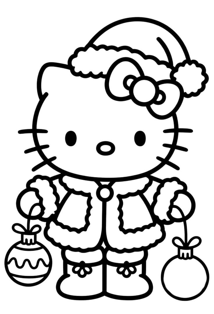 Desenho da Hello Kitty vestida de Papai Noel com gorro, casaco e bolas de natal para imprimir e colorir. É Hello Noel ou Papai Kitty?