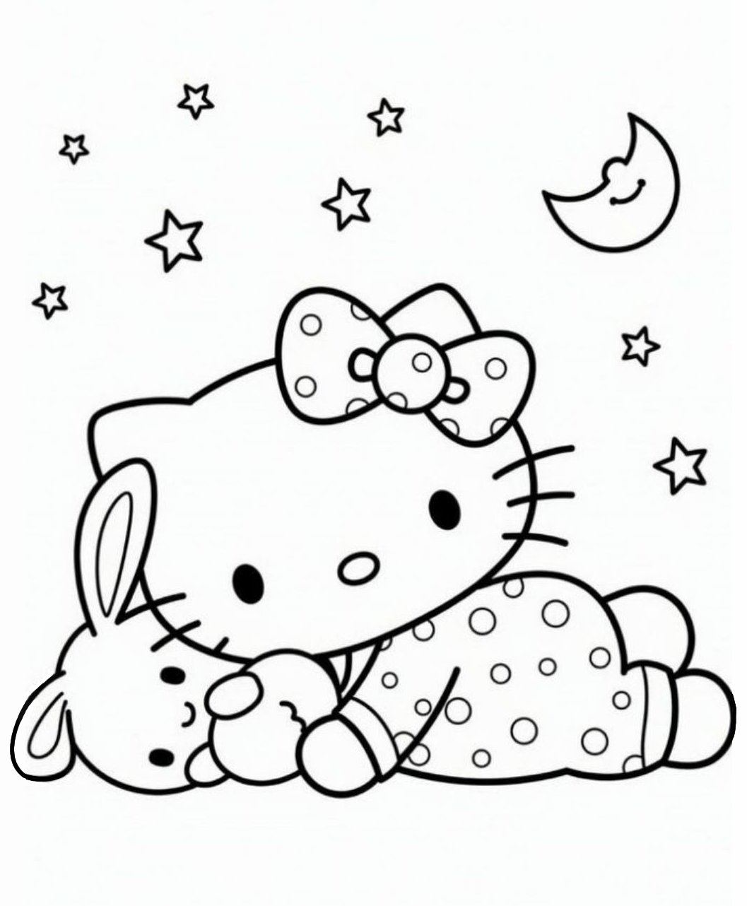 Desenho da Hello Kitty de pijama com coelhinho de pelúcia, estrelas e lua sorridente para imprimir e colorir.