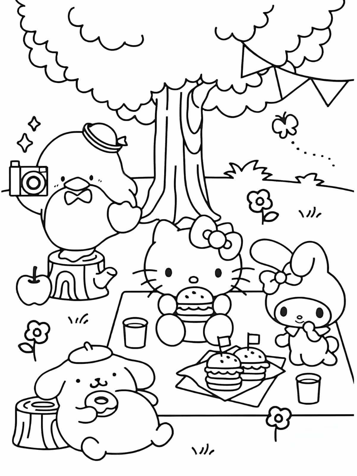 Desenho da Hello Kitty em piquenique com seus amigos Sam, Pochacco e My Melody, comendo hambúrguer, donuts e se divertindo na natureza.