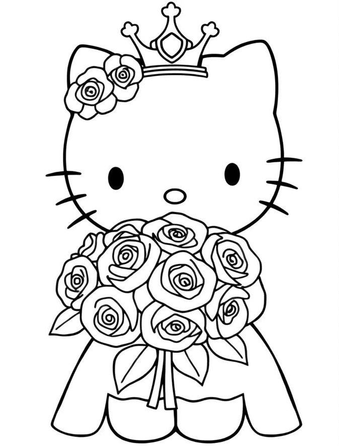 Hello Kitty vestida de princesa com coroa e segurando um buquê de rosas para colorir.