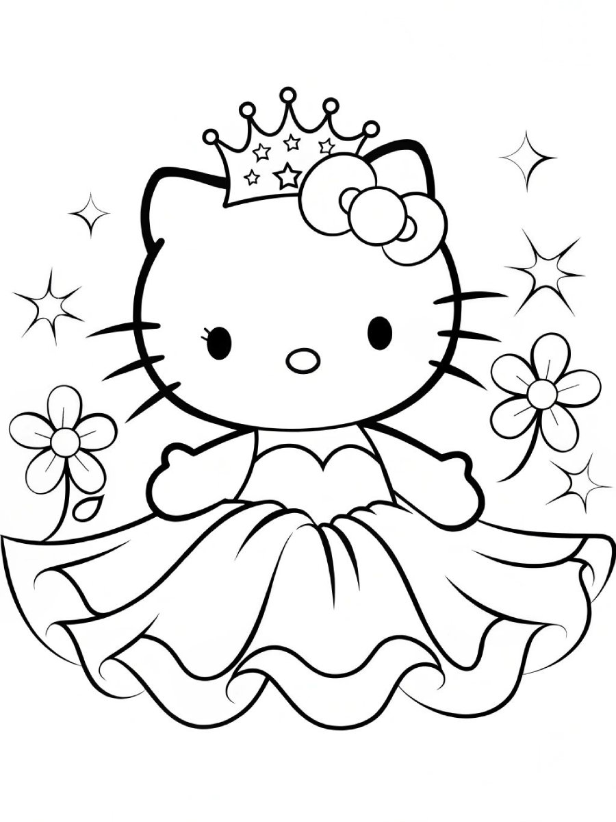 Desenho da Hello Kitty vestida de princesa, com coroa, laço e cercada por flores e brilhos, pronta para colorir.