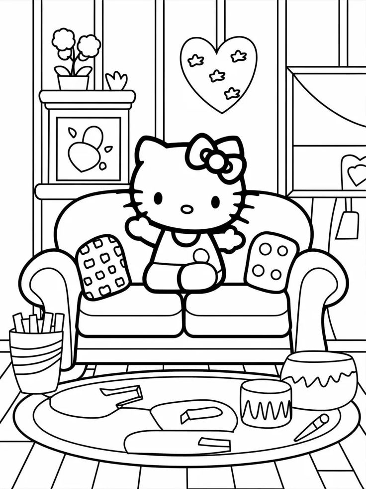 Desenho da Hello Kitty sentada no sofá em uma sala decorada para imprimir e colorir.