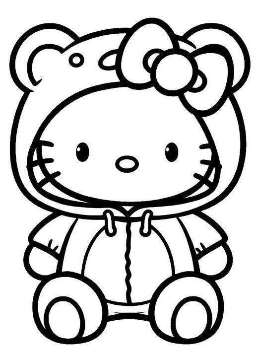 Desenho da Hello Kitty vestida com um macacão de urso fofo, com capuz e orelhinhas, perfeita para imprimir e colorir.