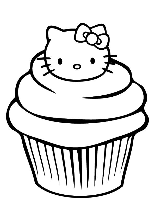Desenho da Hello Kitty vestida de cupcake, com cobertura lisa e base listrada, perfeita para colorir e se divertir.