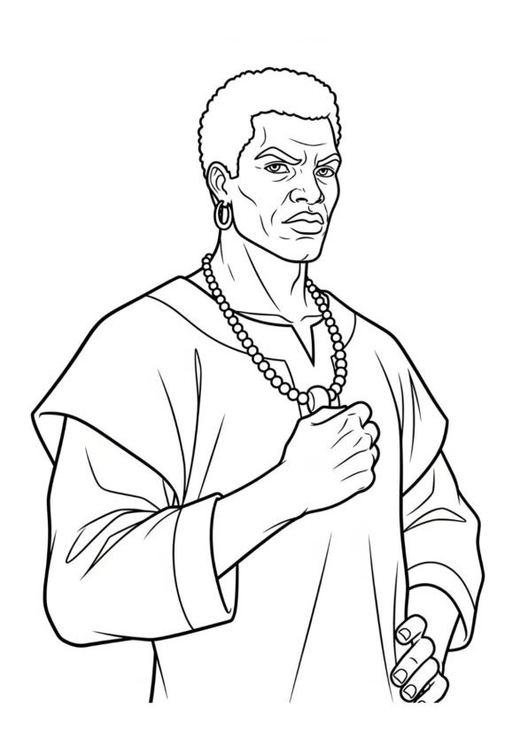 Desenho do herói nacional Zumbi dos Palmares com brinco de argola e túnica para imprimir e colorir.
